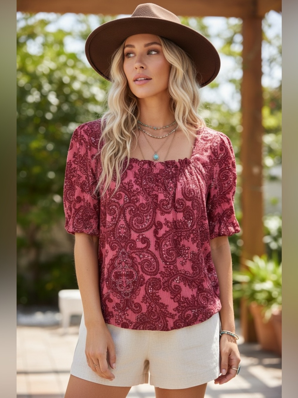 Anthropologie LUQ large pink red paisley boho top